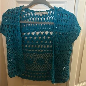 Teal Crochet Short-Sleeve Cardigan